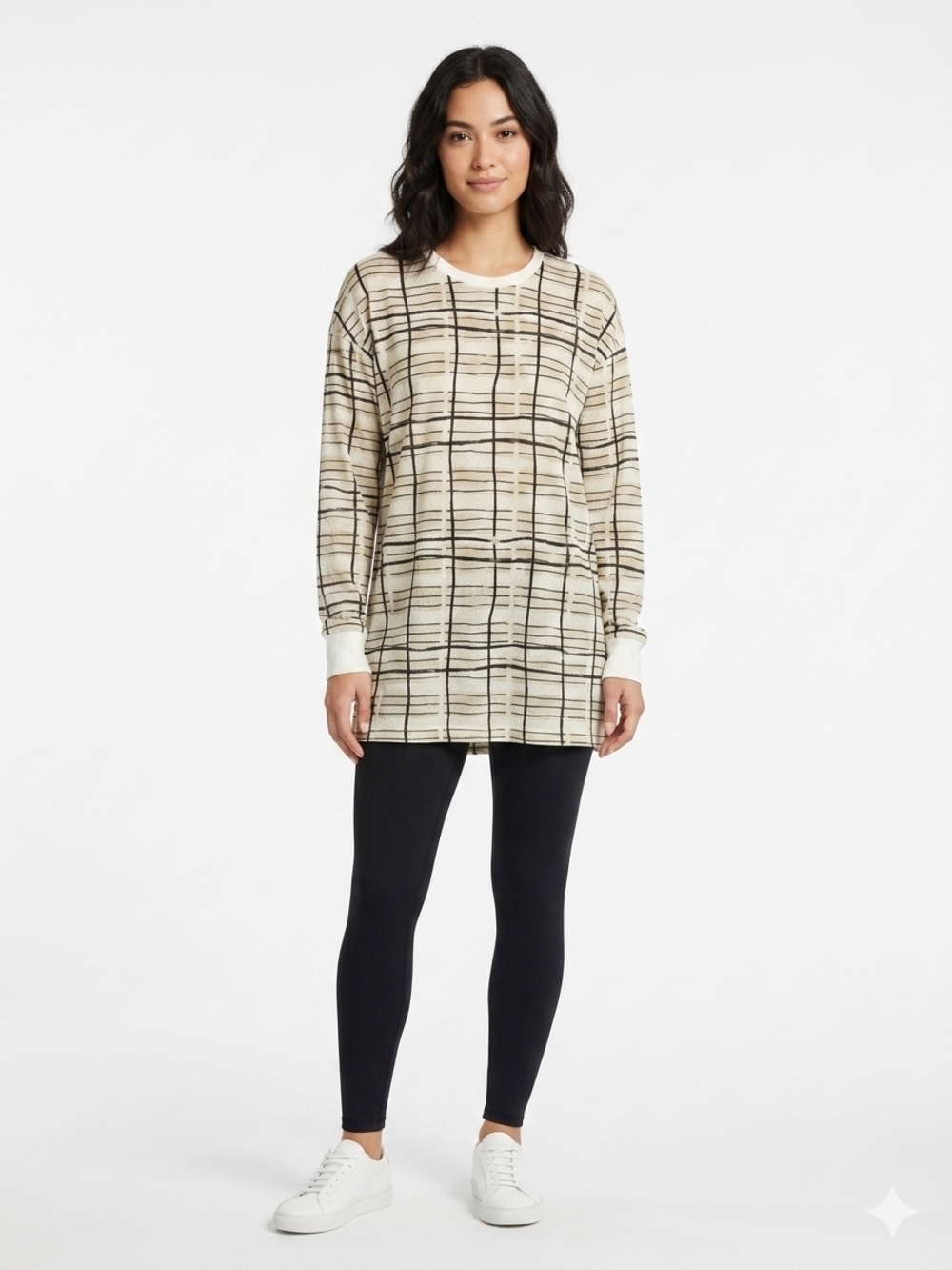 Beige Plaid Long Sleeve Tunic Top